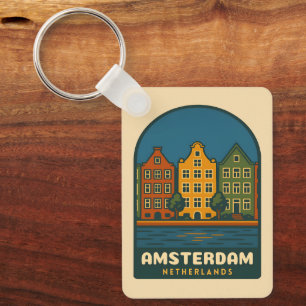Vintage Travel Amsterdam Netherlands Retro Scenic Keychain