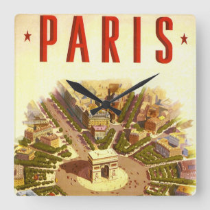 Vintage Travel, Arc de Triomphe Paris France Square Wall Clock