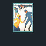Vintage Travel, Art Deco, Winter Davos Switzerland Canvas Print<br><div class="desc">Vintage illustration advertisement,  European travel poster or luggage label from Davos,  Switzerland featuring a love and romance sports design with couples ice skating. Winter in Davos.</div>