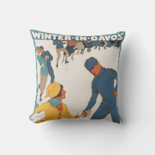 Vintage Travel, Art Deco, Winter Davos Switzerland Throw Pillow
