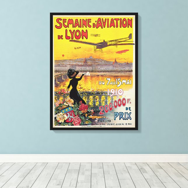 Vintage Travel, Aviation Airplanes, Lyon, France Canvas Print (Insitu(Wood Floor))