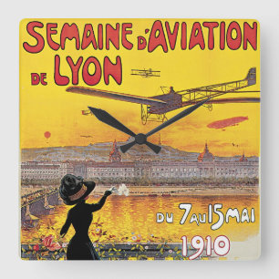 Vintage Travel, Aviation Airplanes, Lyon, France Square Wall Clock