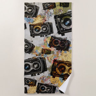 Vintage Travel Camera Pattern Beach Towel