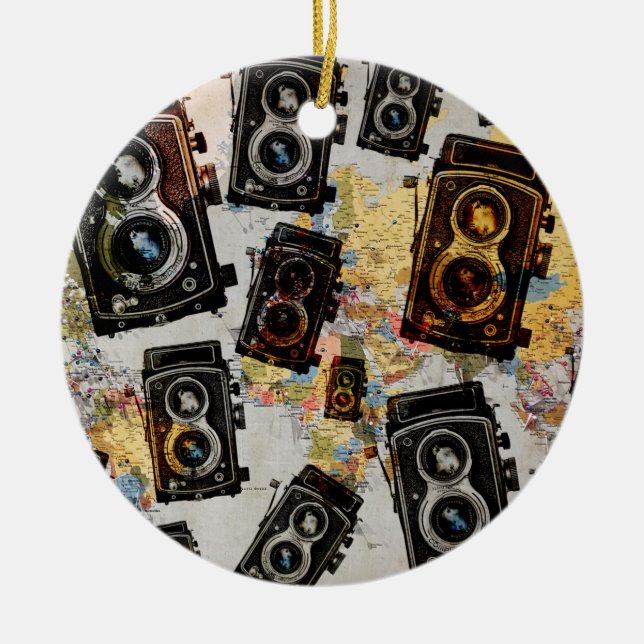 Vintage Travel Camera Pattern Ceramic Ornament (Front)