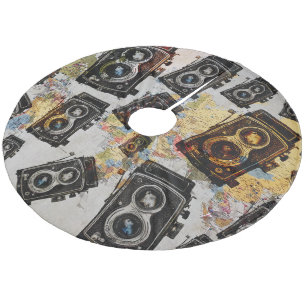 Vintage Travel Camera Pattern Fleece Tree Skirt