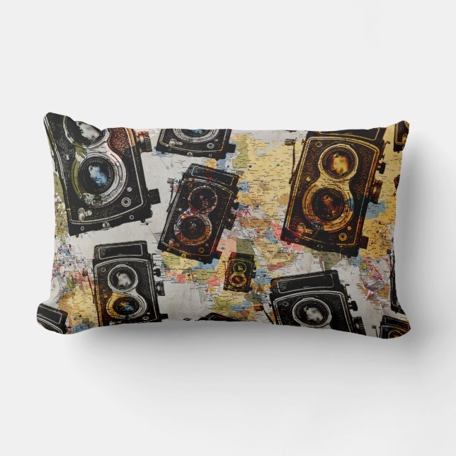 Vintage Travel Camera Pattern Lumbar Pillow (Front)