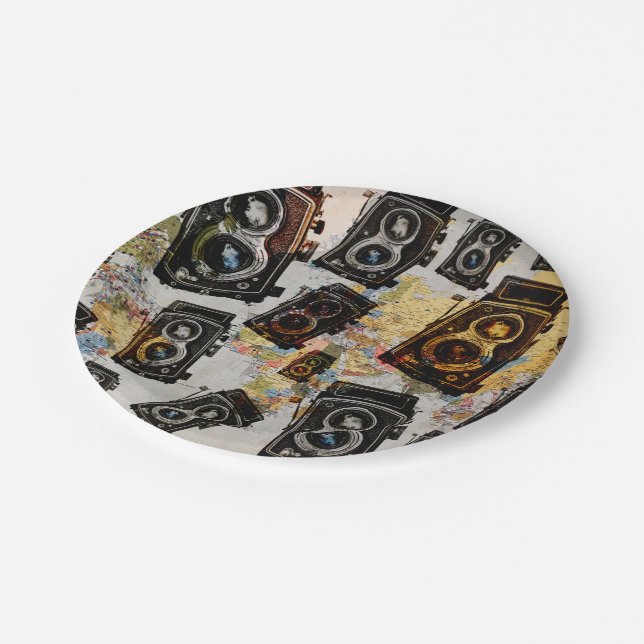 Vintage Travel Camera Pattern Paper Plate (Angled)