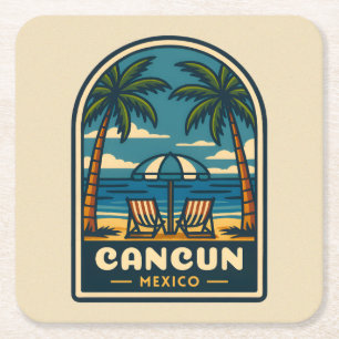 Vintage Travel Cancun Mexico Beach Seaside Retro Square Paper Coaster