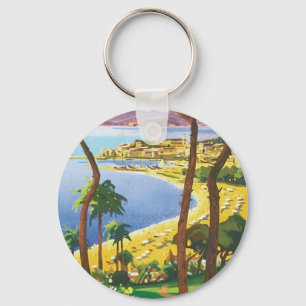 Vintage Travel Cannes Beach Scene Keychain