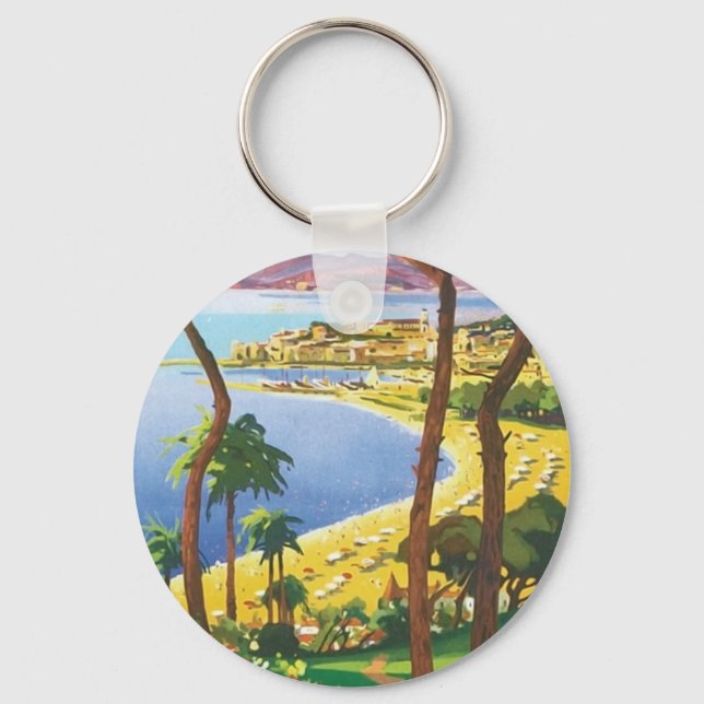 Vintage Travel Cannes Beach Scene Keychain (Front)