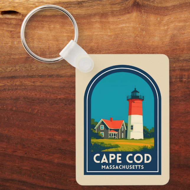 Vintage Travel Cape Cod Nauset Lighthouse Retro Keychain (Front)