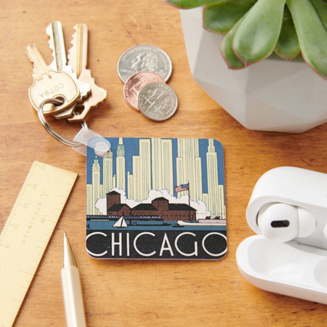 Vintage Travel Chicago Illinois Skyscraper Skyline Keychain (Desk)