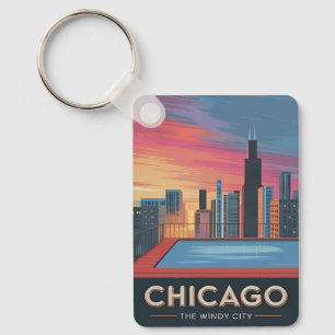 Vintage Travel Chicago Sunset Skyline Cityscape Keychain