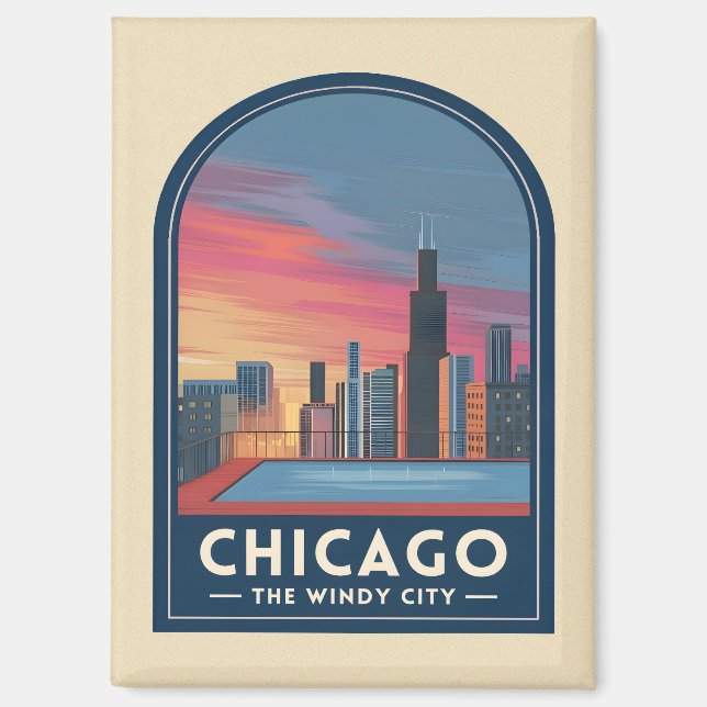 Vintage Travel Chicago Sunset Skyline Cityscape Magnet (Front)