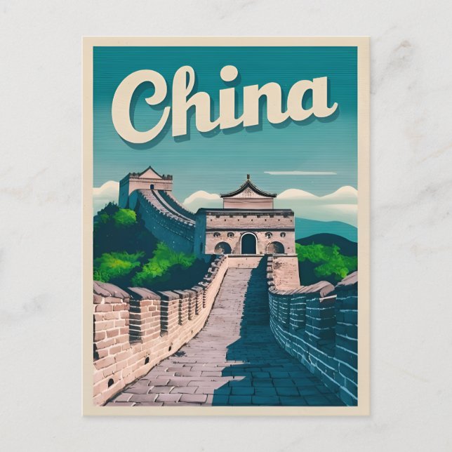 Vintage Travel China Great Wall Retro Graphic Postcard (Front)