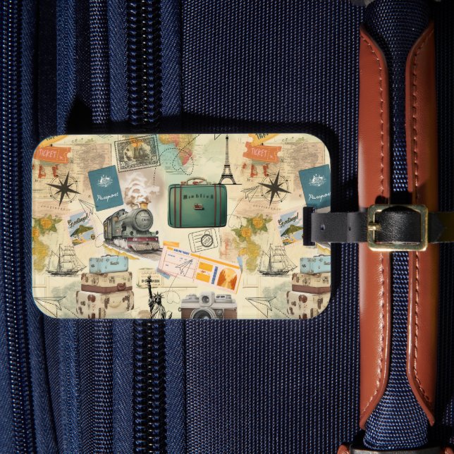 Vintage Travel Collage Luggage Tag (Front Insitu 4)
