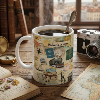 Vintage Travel Collage Name & Quote Coffee Mug
