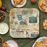 Vintage Travel Collage Paper Plate<br><div class="desc">This paper plate features a vintage style collage of travel elements. This napkin is perfect for a bon voyage/farewell party. The text on the paper plate is customizable and perfect to personalize it for your party.</div>