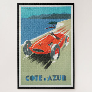 Vintage Travel Cote d'Azur France Red Race Car Jigsaw Puzzle