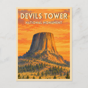 Vintage Travel Devils Tower Wyoming Retro Sunset Postcard