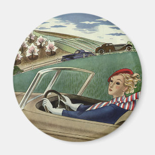 Vintage Travel, Elegant Woman in Convertible Car Magnet