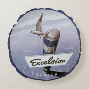 Vintage Travel Excelsior Hotel Zurich Switzerland Round Pillow