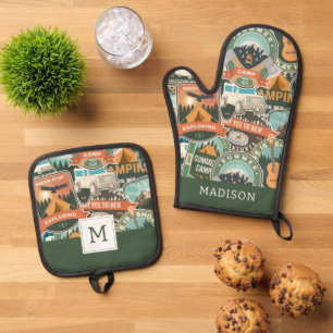 Vintage Travel Explorer Pattern Oven Mitt & Pot Holder Set