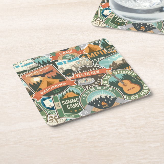 Vintage Travel Explorer Pattern Square Paper Coaster (Angled)