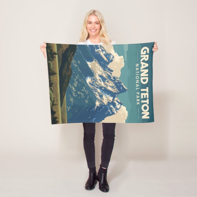 Vintage Travel Grand Teton National Park Fleece Blanket (In Situ)