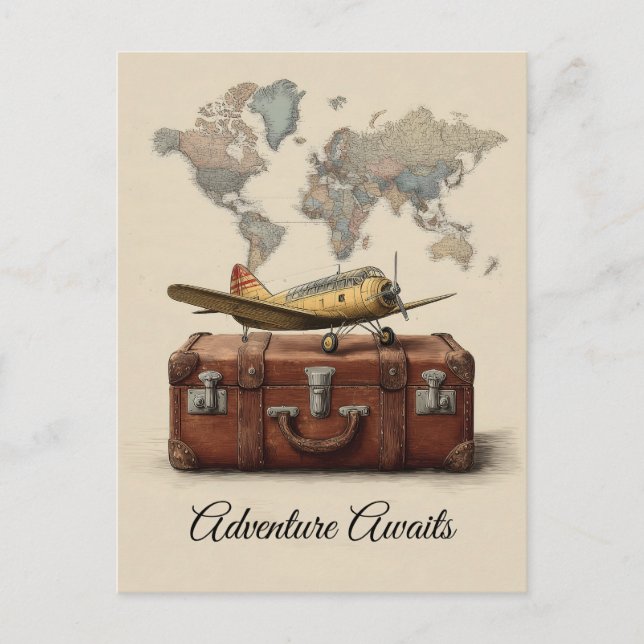 Vintage Travel Illustration with a Plane  Postcard (Front)