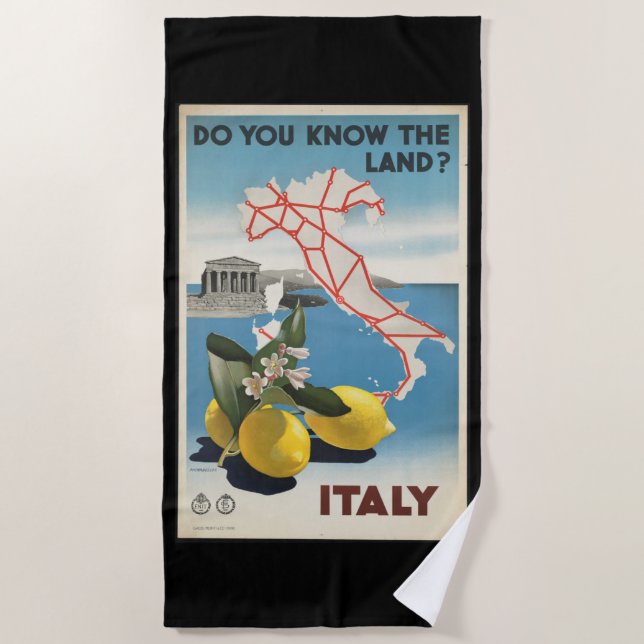 Vintage Travel Italy Map with Lemons Beach Towel (Front)