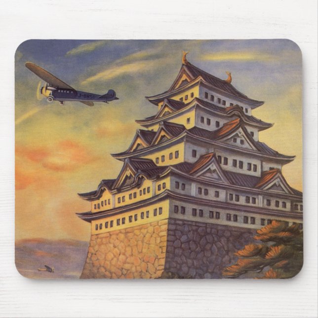 Vintage Travel Japan, Japanese Pagoda Airplane Mouse Pad (Front)