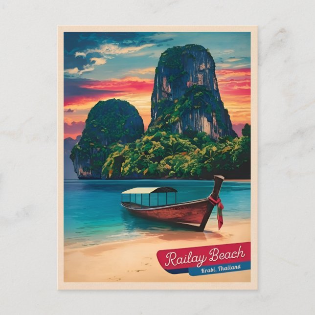 Vintage Travel Krabi Thailand Sunset Beach Postcard (Front)