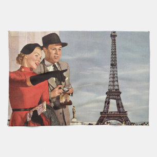 Vintage Travel - Lovers in Paris Kitchen Towel