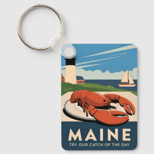 Vintage Travel Maine Lobster Seafood Retro Scenic Keychain