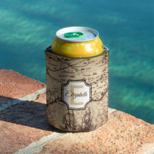 Vintage Travel Map Initial Monogram and Name Can Cooler
