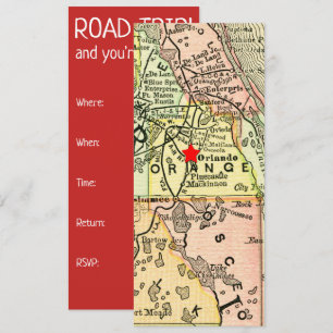 Vintage Travel Map Orlando Movable Red Star Invitation