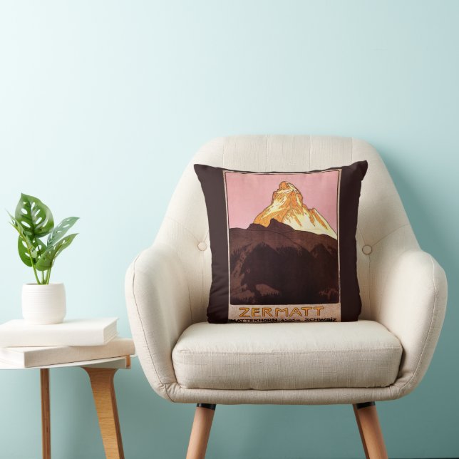 Vintage Travel, Matterhorn Mountain, Switzerland Throw Pillow (Chair)