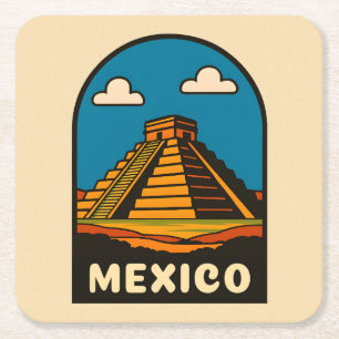 Vintage Travel Mexico Aztec Pyramid Retro Scenic Square Paper Coaster
