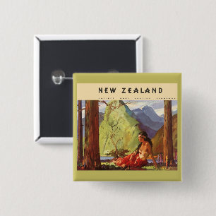 Vintage Travel, New Zealand Landscape Native Woman 2 Inch Square Button