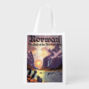 Vintage Travel, Norway Fjord Land of Midnight Sun Reusable Grocery Bag