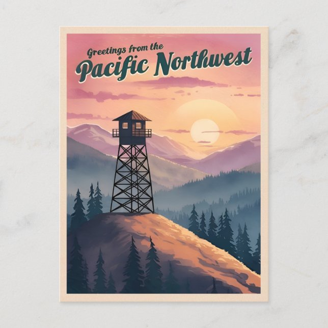 Vintage Travel Pacific Northwest Sunset Landscape Postcard (Front)