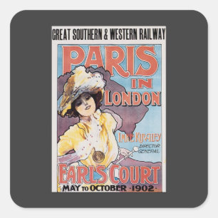 Vintage Travel, Paris in London Railroad Woman Square Sticker