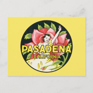 Vintage Travel, Pasadena California, Lady and Rose Announcement Postcard