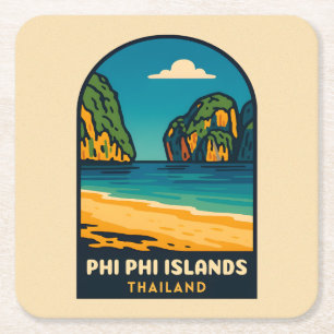 Vintage Travel Phi Phi Islands Thailand Beach Square Paper Coaster