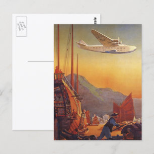 Vintage Travel, Plane Over Junks in Hong Kong Postcard