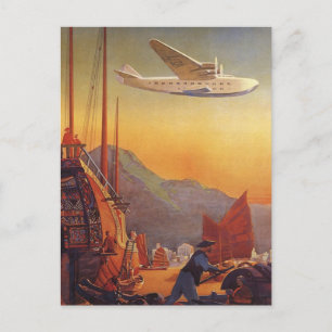 Vintage Travel, Plane Over Junks in Hong Kong Postcard