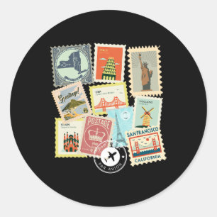 Vintage Travel Postage Stamps Vacation Philatelic  Classic Round Sticker