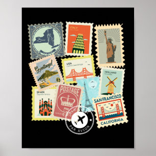 Vintage Travel Postage Stamps Vacation Philatelic  Poster