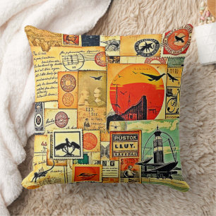 Vintage Travel Postcard Art Throw Pillow